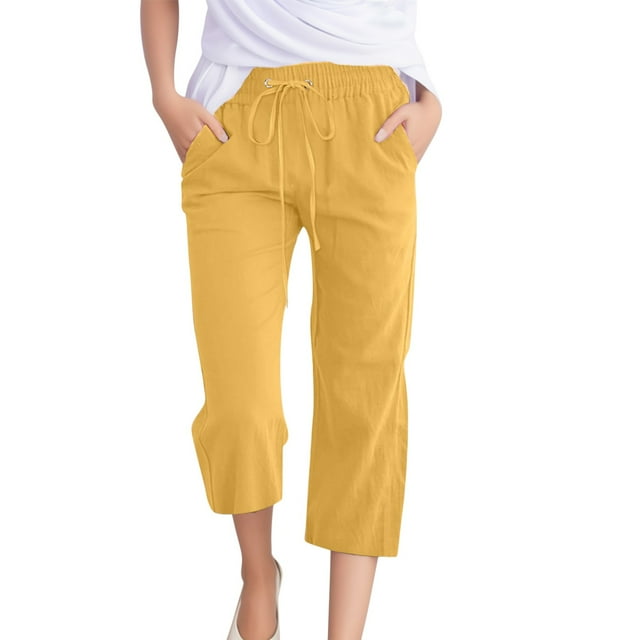 Pantalones de cintura alta y pierna ancha con cordón para mujer - Pantalones rectos elásticos de poliéster con bolsillos