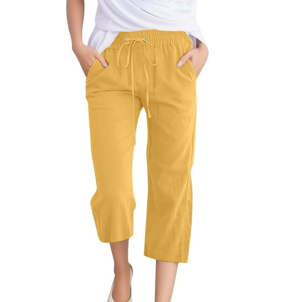 Pantalones de cintura alta y pierna ancha con cordón para mujer - Pantalones rectos elásticos de poliéster con bolsillos