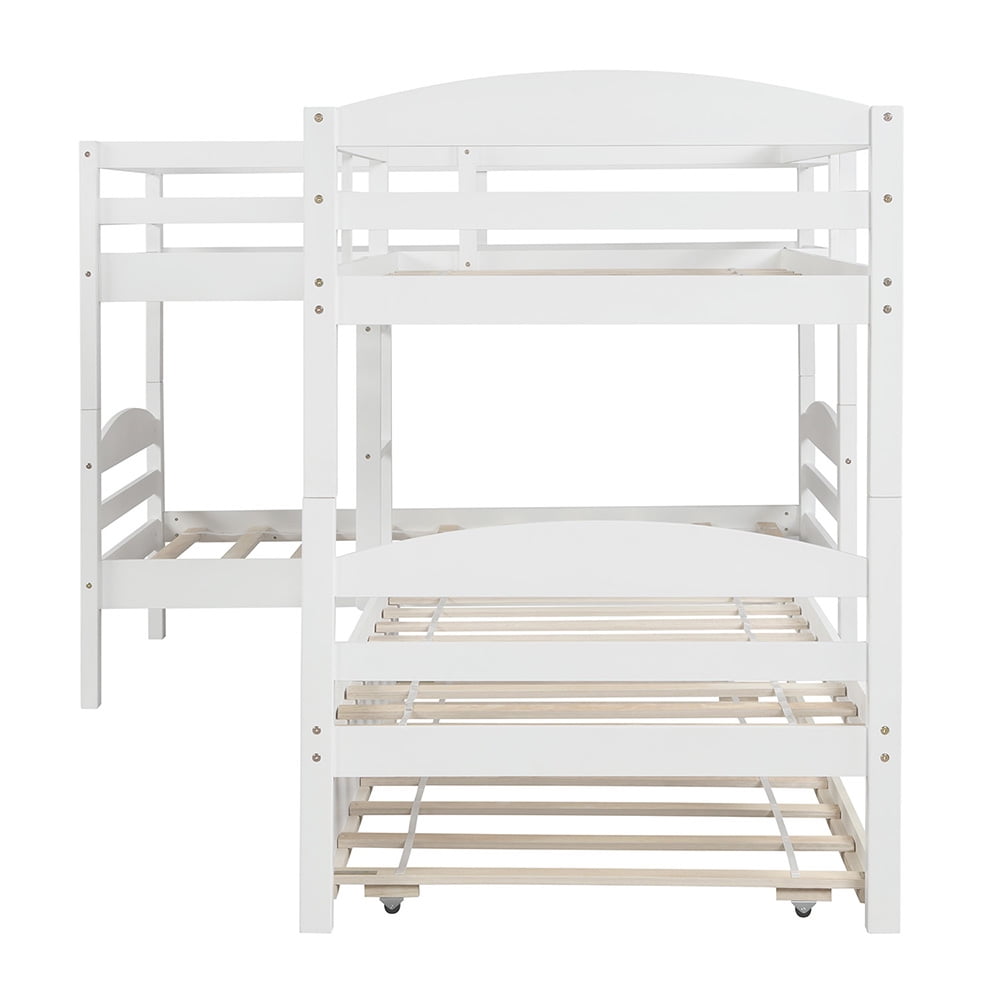 Private Jungle Twin Bunk Beds with Trundle, Solid Wood L-Shaped Loft Bed with Guard for Teens Bedroom, White