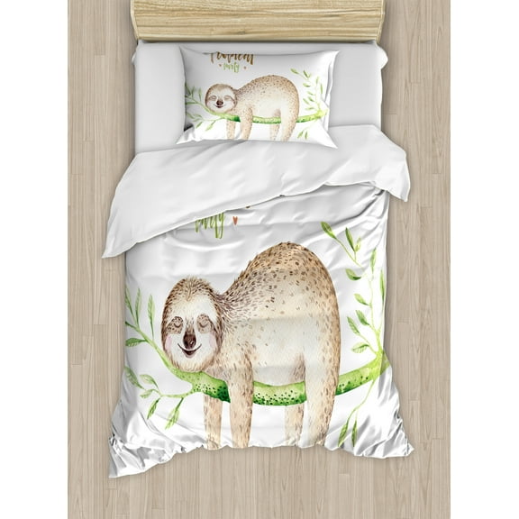Sloth Duvet Cover Set, Young Animal Sleeping on Palm Branch Happy Dreams Wildlife Nature Watercolor, Decorative 2 Piece Bedding Set with 1 Pillow Shams, Twin Size, Pale Brown Green, by Ambesonne