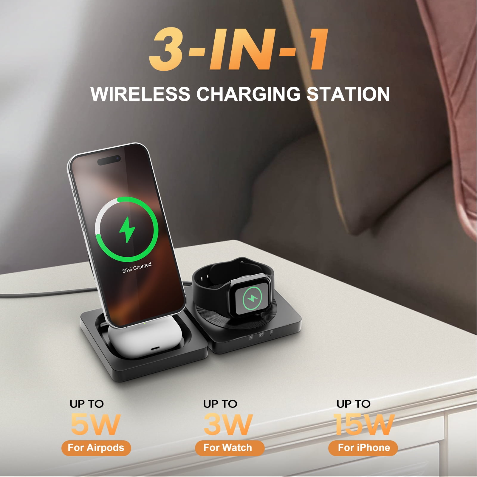 3 in 1 Foldable Wireless Charger, 15W Fast Charging Charger Compatible with iPhone 17 16 15 14 13 12, Portable Watch Charger for iWatch Series,for AirPods Pro 4 3 2 1 (Black)