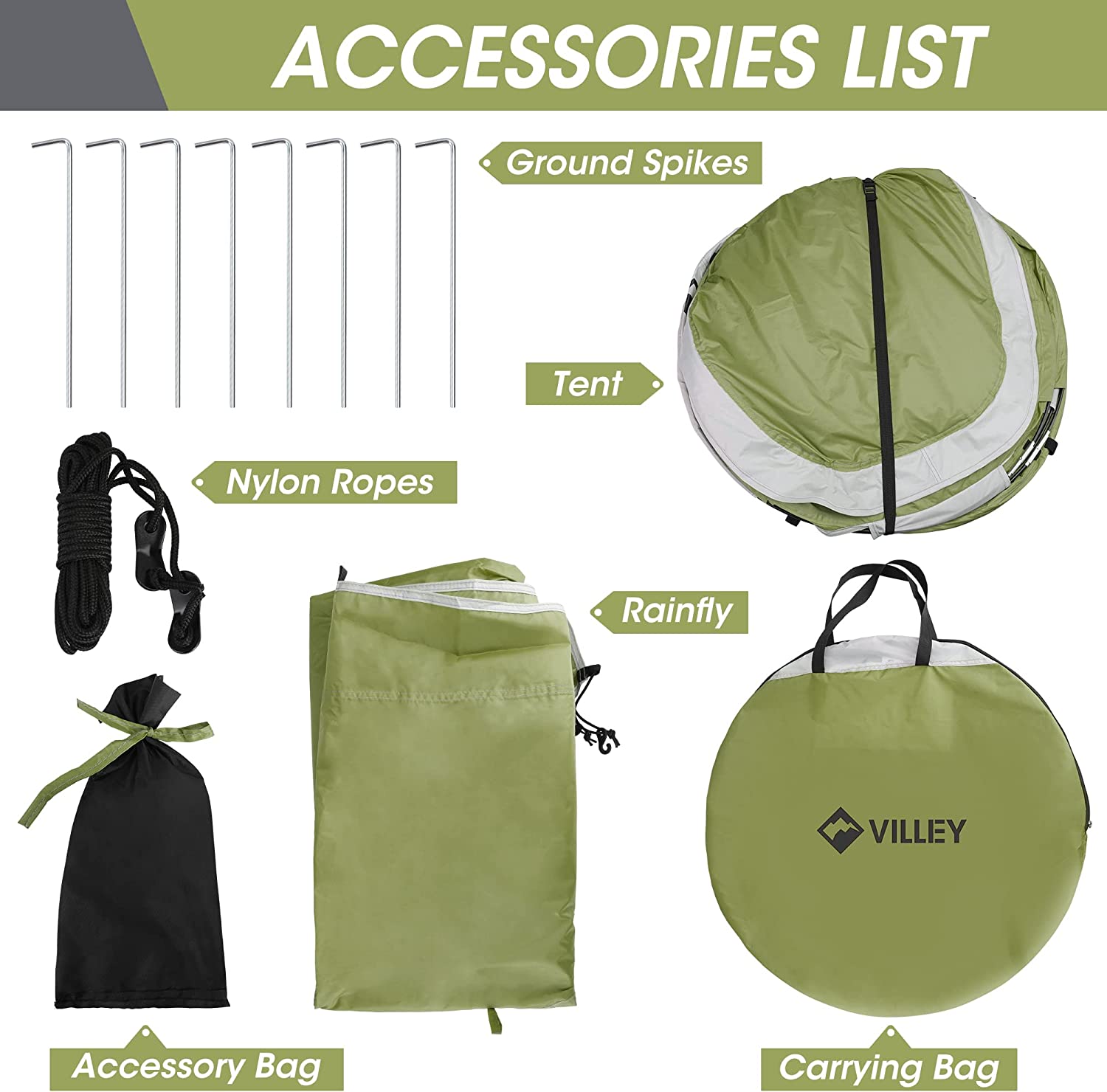 Carpa VILLEY para 2 personas de apertura rápida, impermeable, armado automático, ligera e instantánea para acampar, con bolsa de transporte para campamento, senderismo y viajes 4
