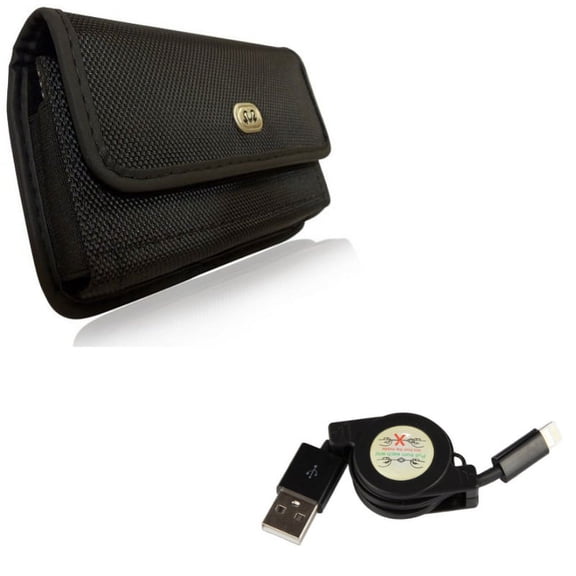 Rugged Case Belt Clip w Retractable USB Cable for iPhone XS Max/8 PLUS/7 Plus/6S Plus/6 Plus - Holster Canvas Cover Pouch Carry and Charger Power Cord Sync Wire