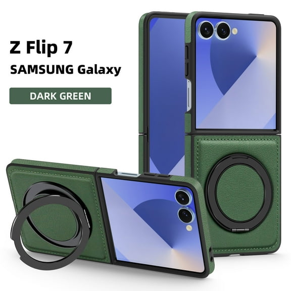 Compatible for Samsung Galaxy Z Flip 7 Stand Case, Slim Shockproof Protective Rotating Magnetic Ring Bracket Classic PU Leather Phone Cover for Samsung Galaxy Z Flip 7, Darkgreen