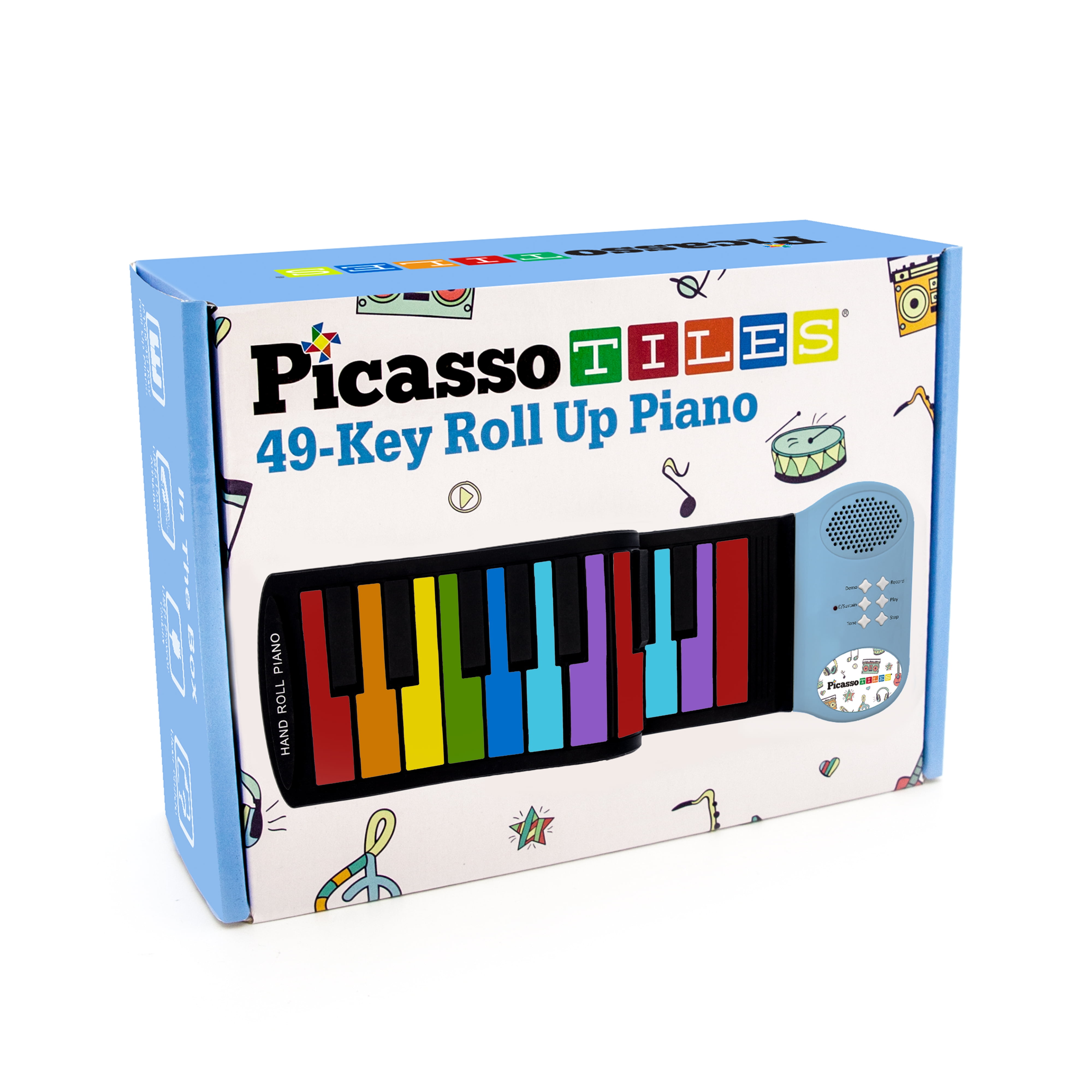 PICASSO-TILES 49-Key Flexible Roll-Up Electronic Digital Music Piano Keyboard w/Recording Feature, 8 Different Tones, 6 Educational Demo Songs & Build-in Speaker - Rainbow