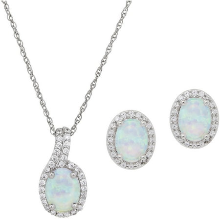 Oval-Cut Created Opal & CZ Accent Sterling Silver Pendant and Earrings Set, 18 Chain