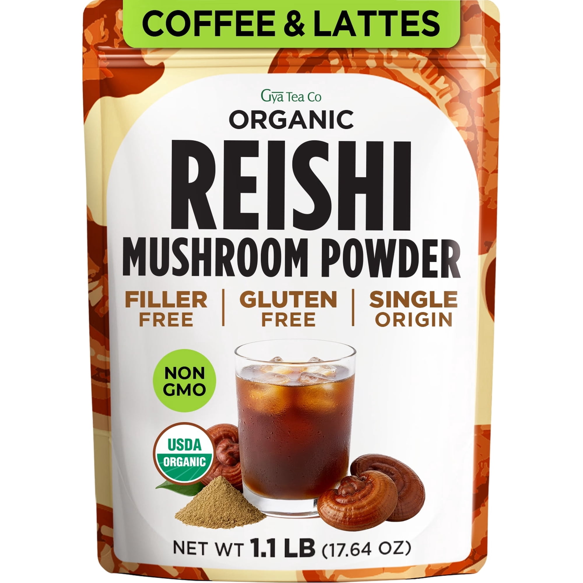 Gya Tea Co USDA Organic Reishi Mushroom Powder 1.1 lb (17.6 oz) - Reishi Powder for Relaxation Vitality & Balanced Energy Add to Coffee Lattes & Cacao Non-GMO Vegan Gluten-Free - 200 Servings