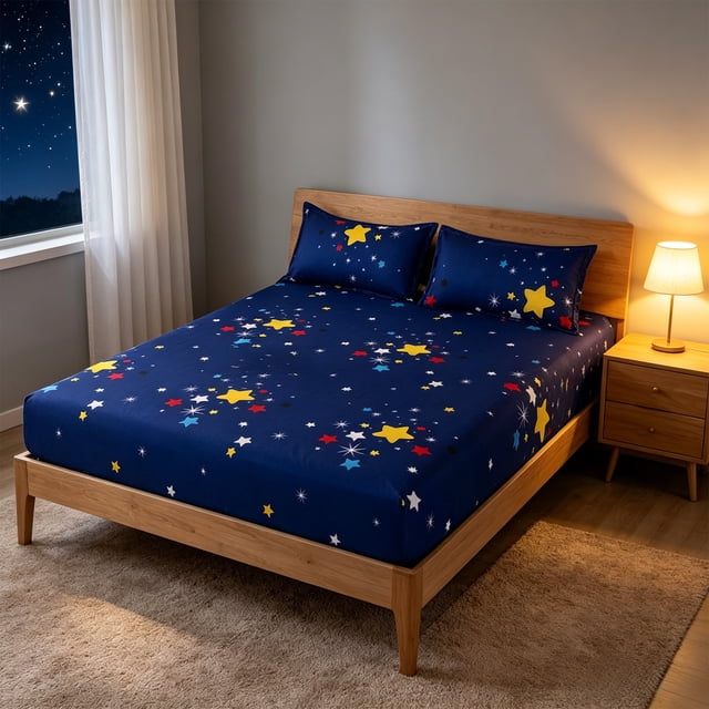 Linnome Washable Cotton Fitted Sheet Set with Pillowcases Elastic Mattress Protector Bed Cover Machine Washable for Home