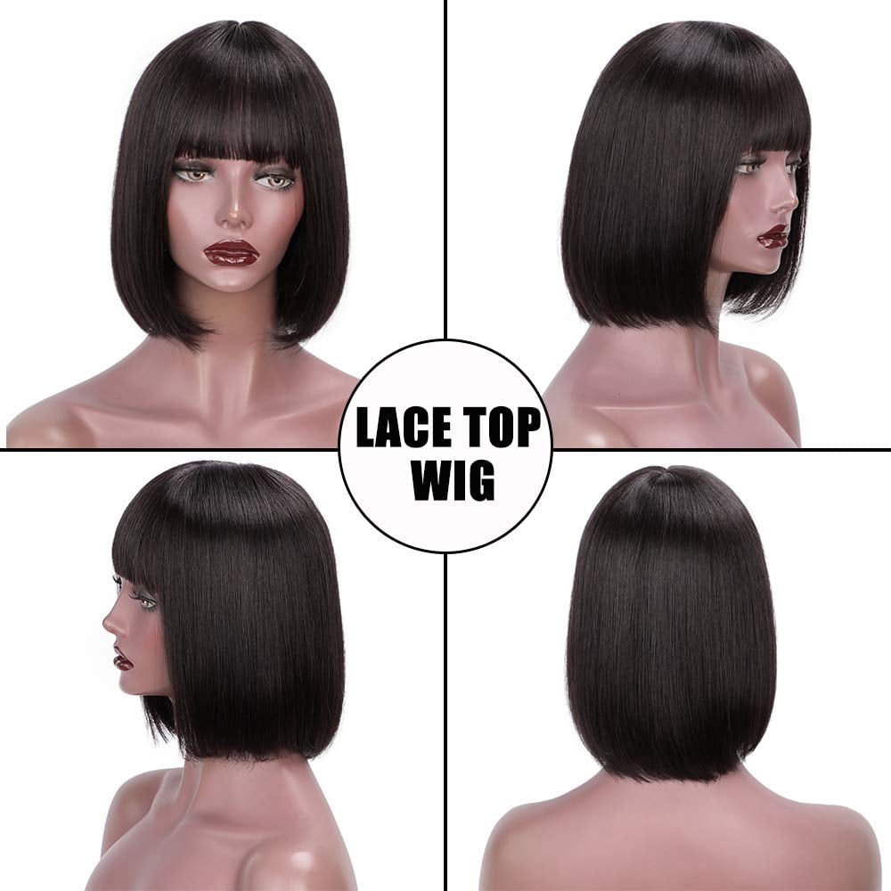 DOPI Fashion Women Short Straight Black Wig with Bangs, 12 Inches（Synthetic Wig）