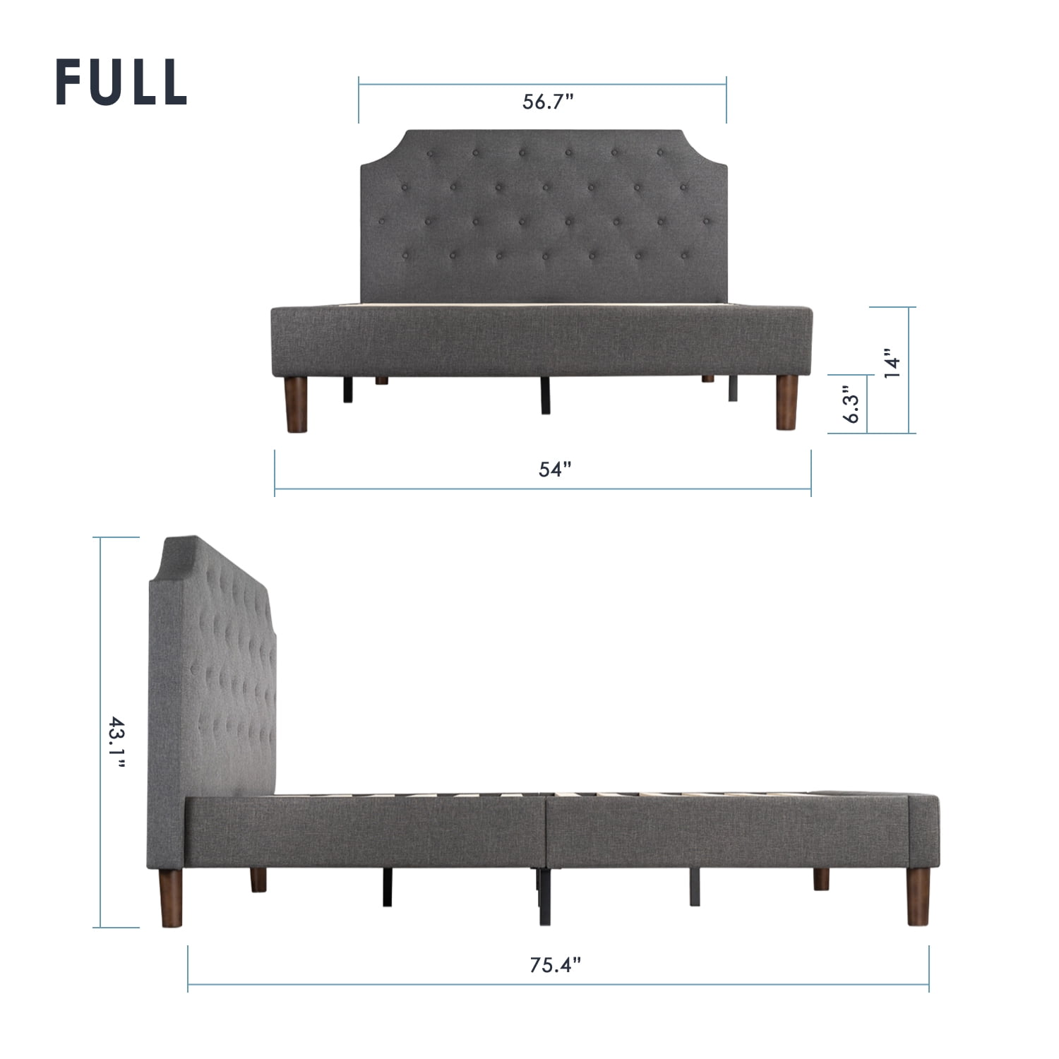 Mellow MAVN Upholstered Platform Bed, Modern Tufted Headboard, Real Wooden Slats and Legs, Dark Grey, Full