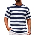 thumbnail image 3 of T-Shirt Décontracté à Rayures pour Hommes, Col Rond, Manches Courtes, Ajusté, Tissu Doux, Été, Plage et Rue, Bleu Foncé, L, 3 of 4