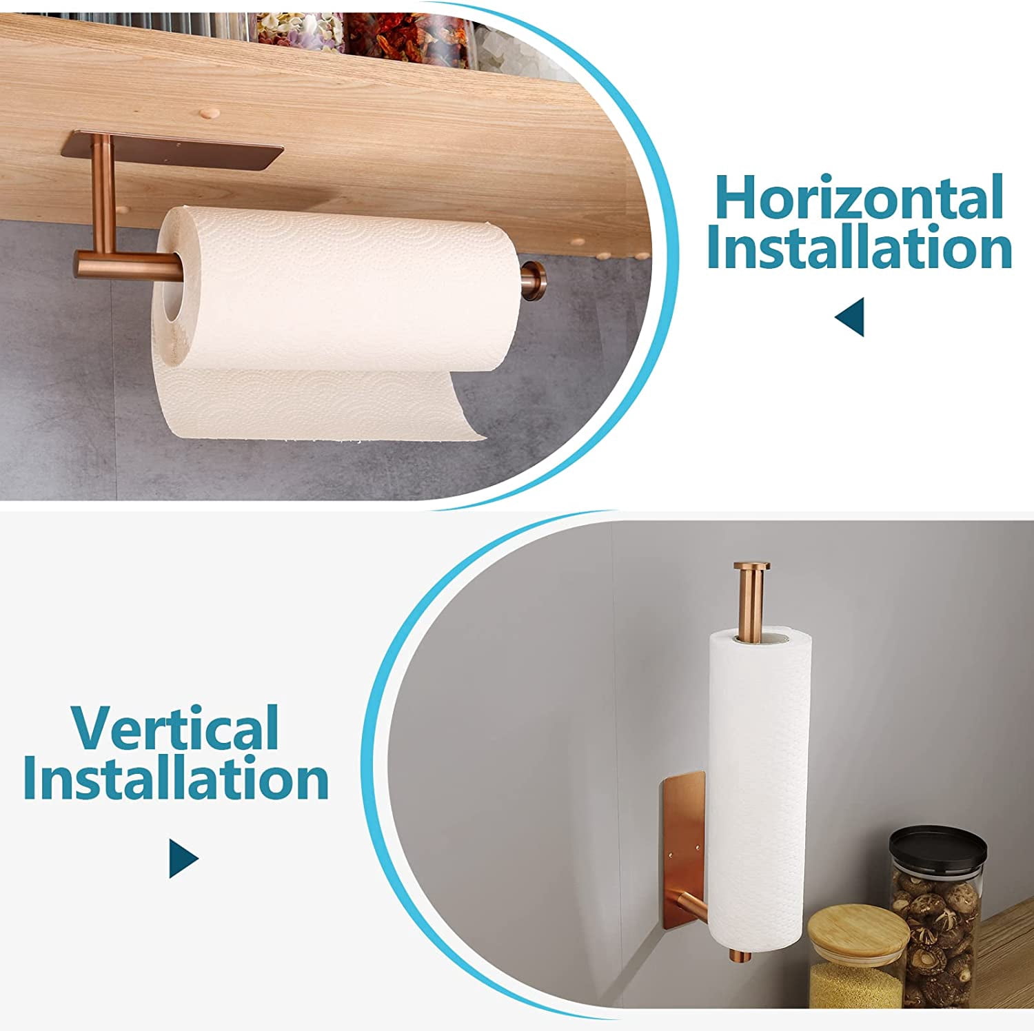 Paper Towel Holders for Kitchen- Under Cabinet Holder Roll Back Bathroom Towel, Wall Mounted Black Rack 304 Stainless Steel, Adhesive or Drilling Mounting