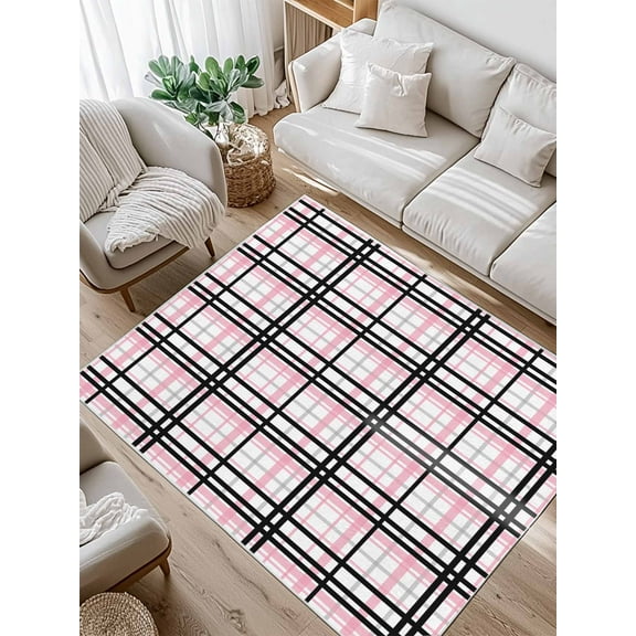 Abstract Stripes Area Rug for Bedroom 2.7x5 Ft Pink Black Grey Plaid Super Soft fuzzy Throw Rug Non-Slip Fluffy Plush Indoor Floor Carpet for Living Room Nursery Home Decor