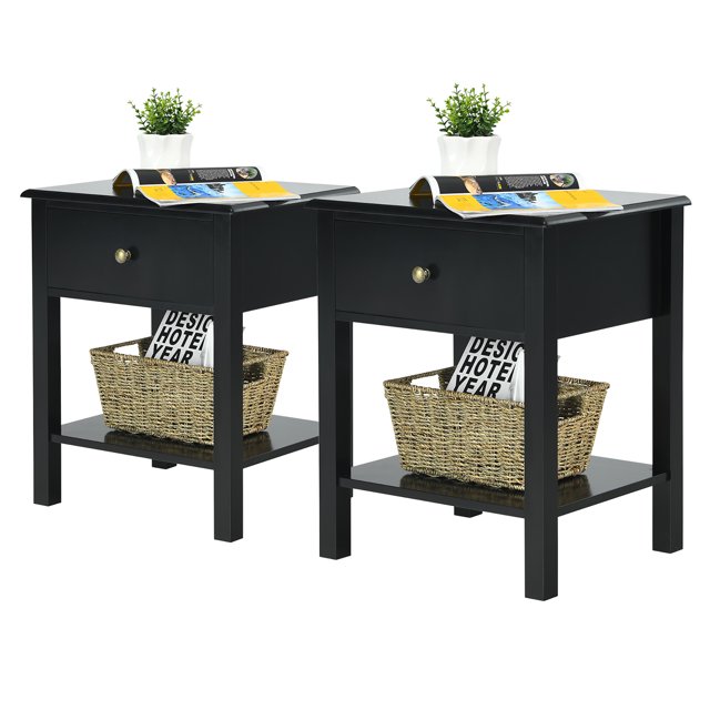 Costway 2 Pcs Table d'Extrémité Table de Nuit Rangement Présentation Tiroir Étagère Table de Chevet Noir