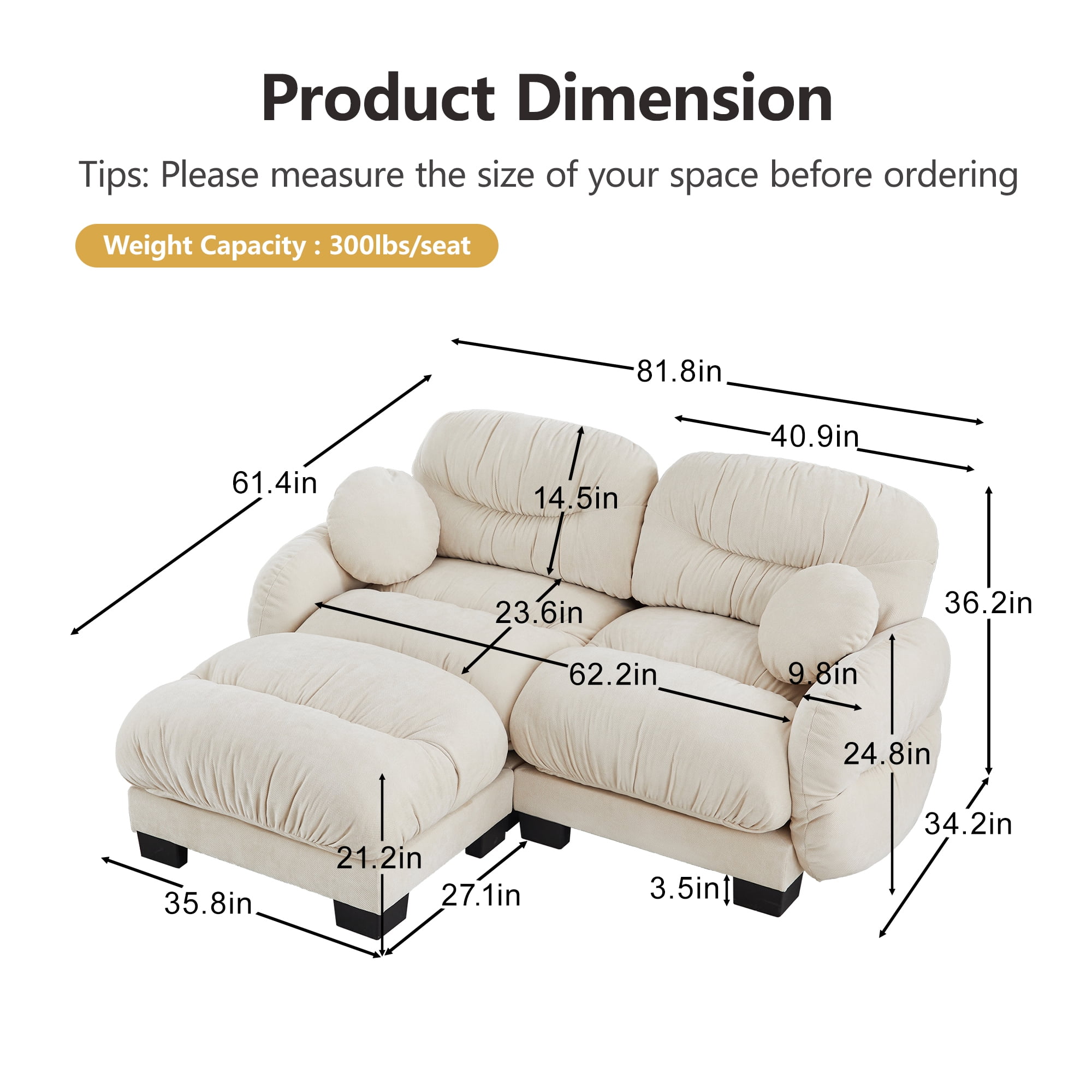 81" L Shape 2 Seater Sectional Couch Cozy Chenille Modular Sofa with Ottoman and 2 Throw Pillows