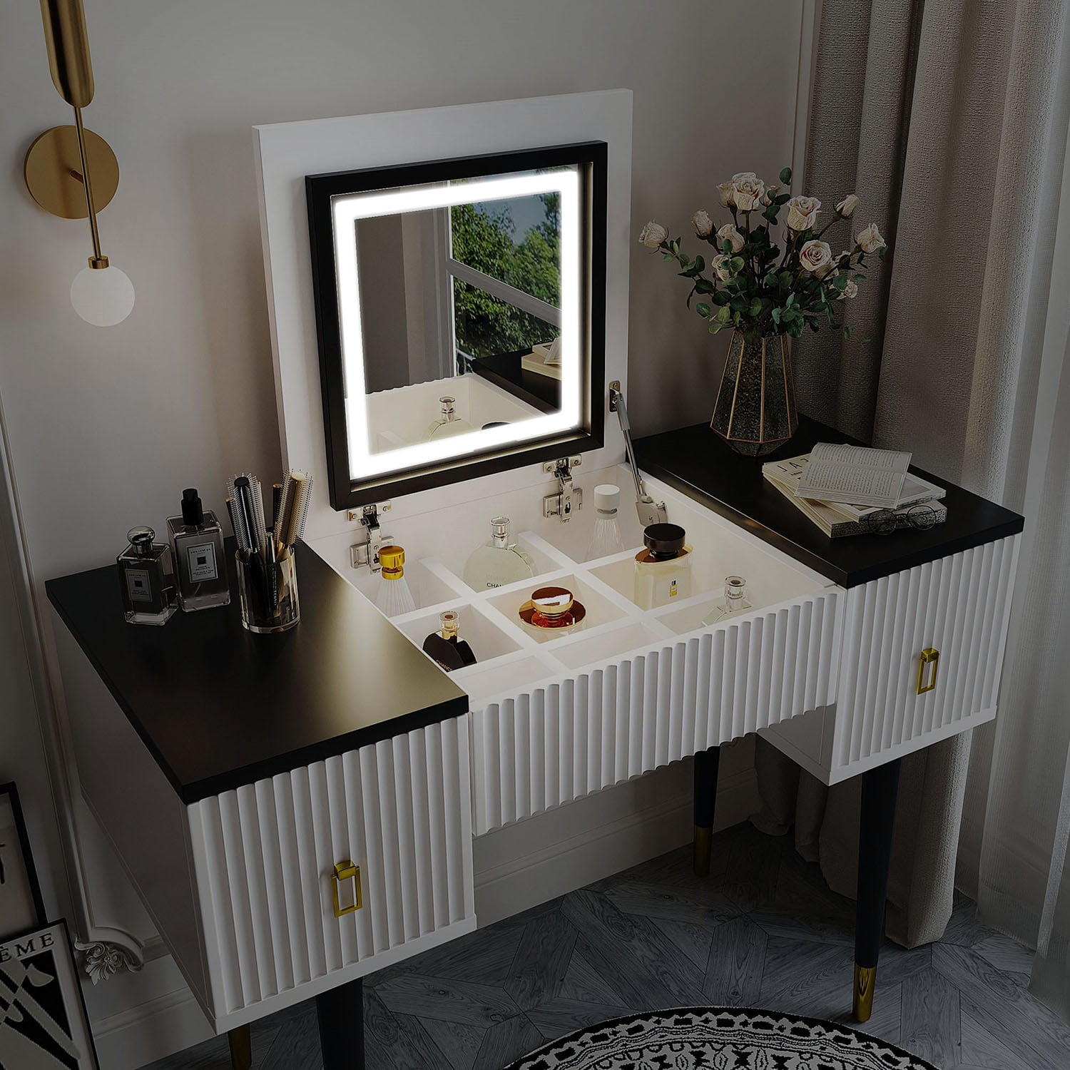 Kadyn 43.3" Modern Vanity Table Set with Flip-top Mirror and LED Light, Dressing Table with Customizable Storage, Black White