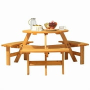6 Person Wooden Picnic Table, Outdoor Round Picnic Table with Umbrella Hole and 3 Built-In Benches, Outside Picnic Table And Bench Set for Garden, Backyard, Patio, 500lbs Capacity Per Bench (Natural)