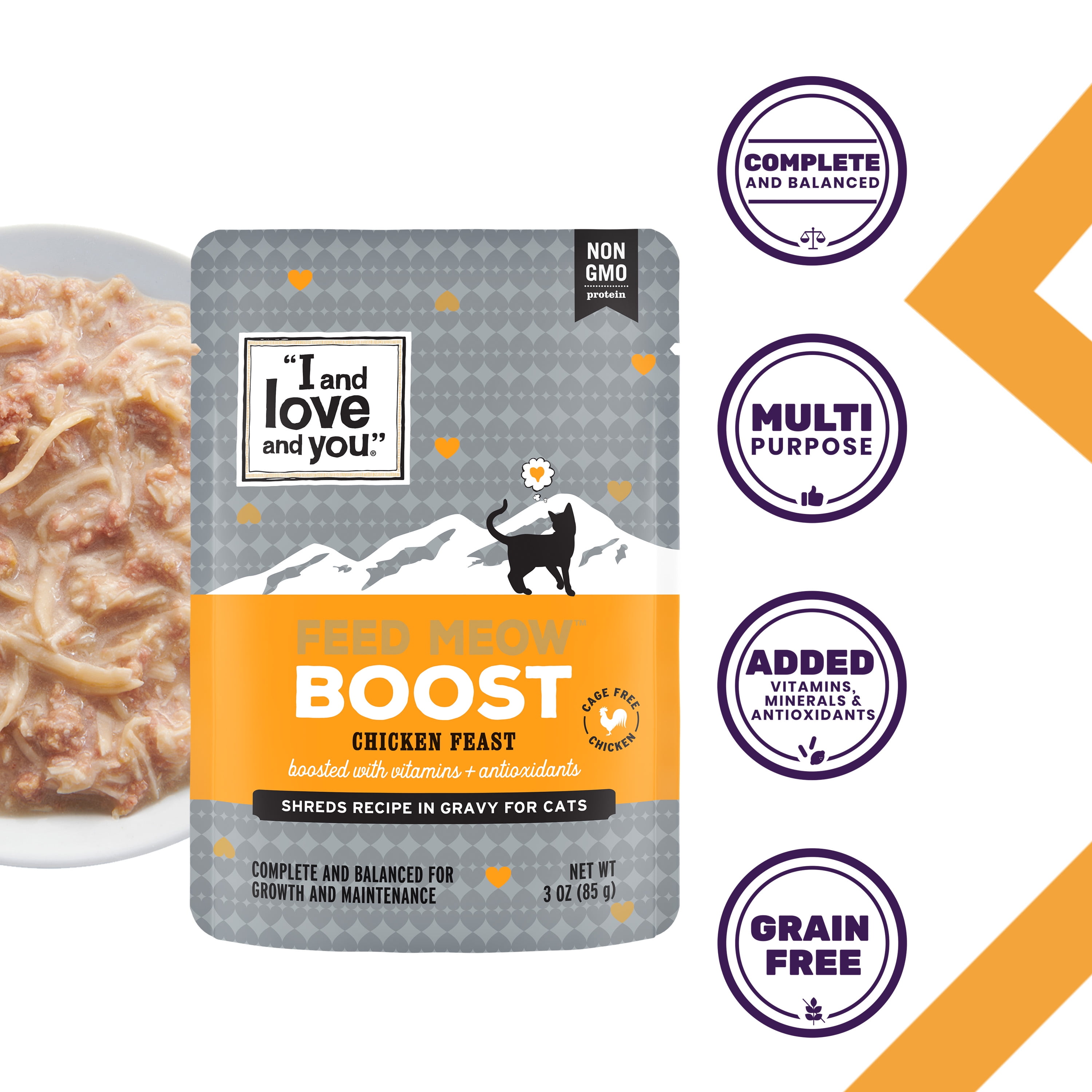 "I and love and you" Feed Meow Wet Cat Food, Boost Formula with Chicken, Complete and Balanced Meal, 3oz Pouch