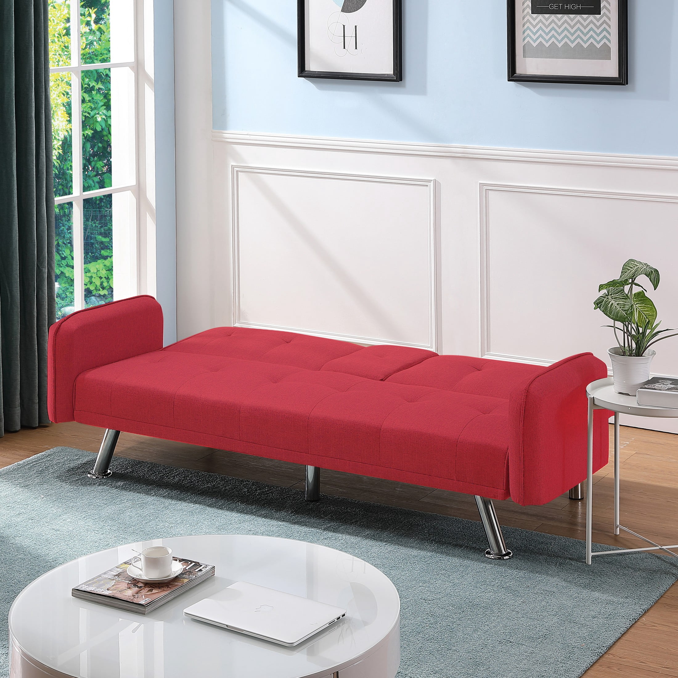 BSHTI 74.4” Futon Sleeper Sofa Bed Features a Drop-Down Middle Backrest, Twin-Sized Futon Bed, Polyester Fabric, 3 Adjustable Backrest, Red