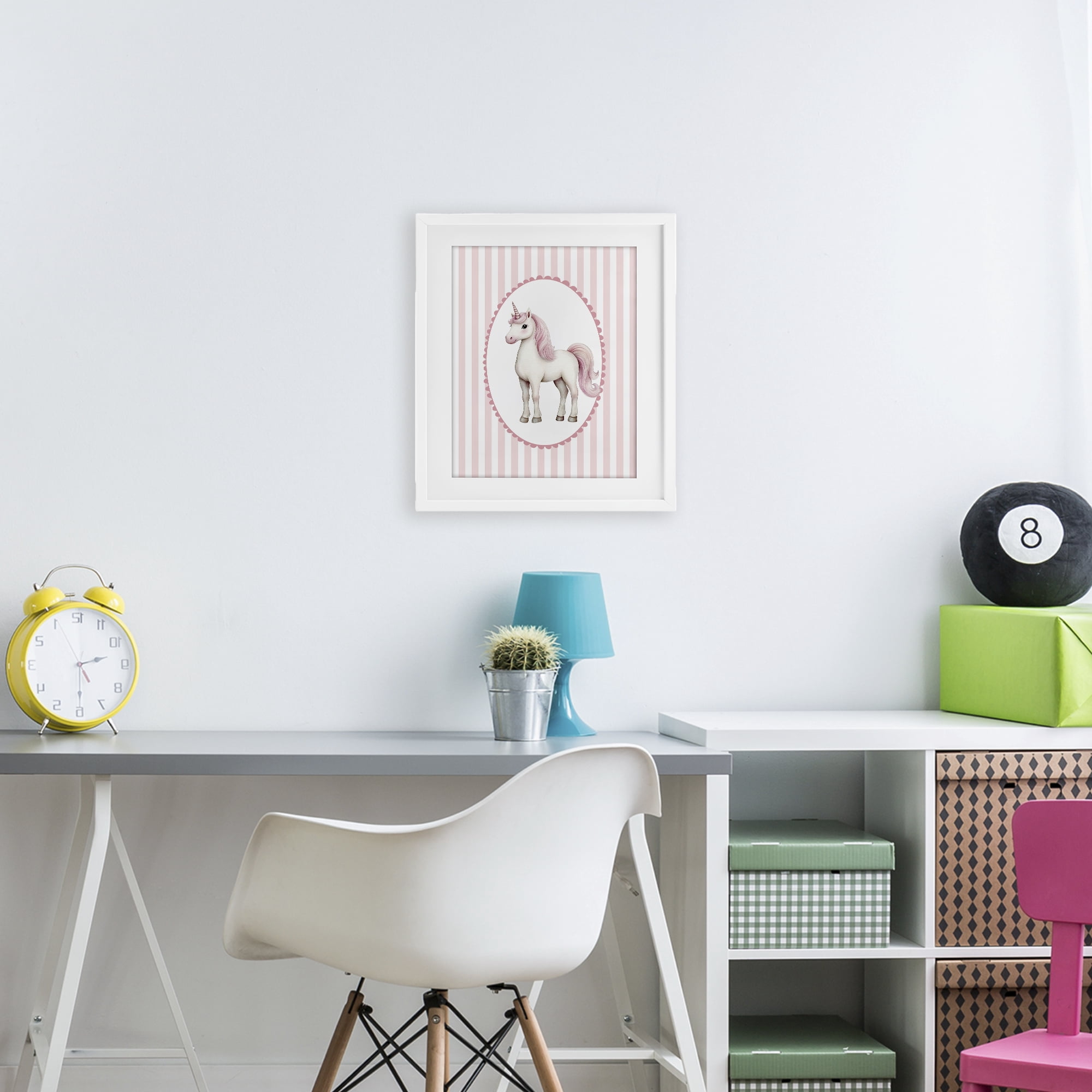 Gentle Unicorn on Pink Stripes White Framed Print Under Glass, design by Christine Simpson Art