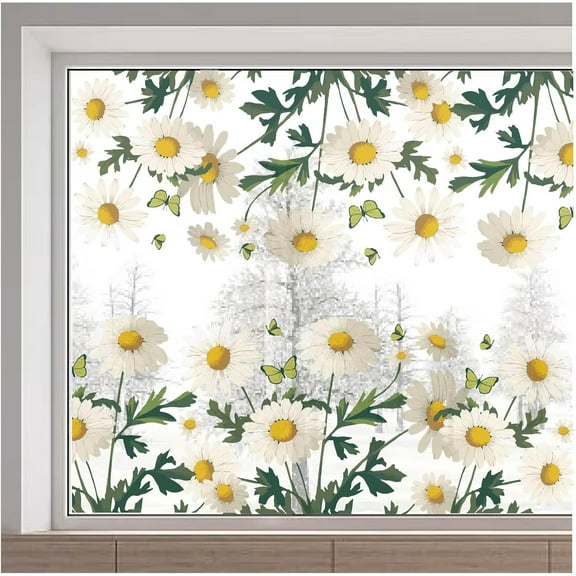 15x46 Inch Daisy Flower Window Sticker Large White Floral Butterfly Spring Static Glass Window Clings Film Reusable Double Sided Decal