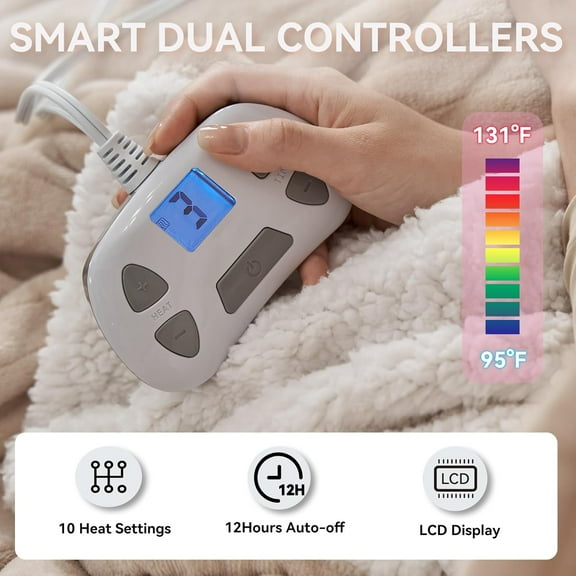 Heated Electric Blanket Queen Size 84"×90" Soft Flannel and Sherpa Warm Blanket Dual Controllers Heating Blanket,10 Heating Levels,Machine Washable,Beige
