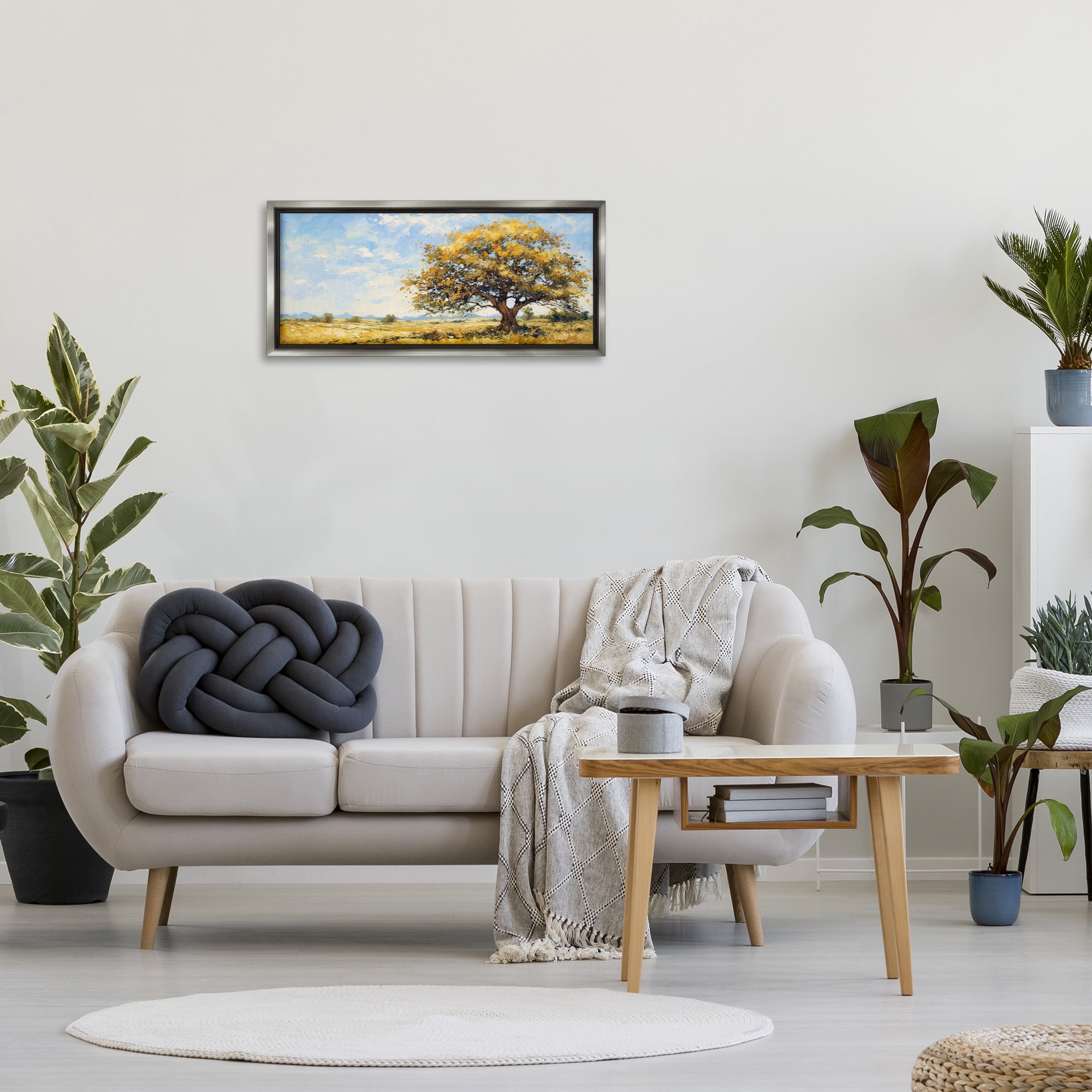 Stupell Industries Sycamore Tree in Field Landscape Painting Gray Floater Framed Canvas Art Print Wall Art, 31 x 14