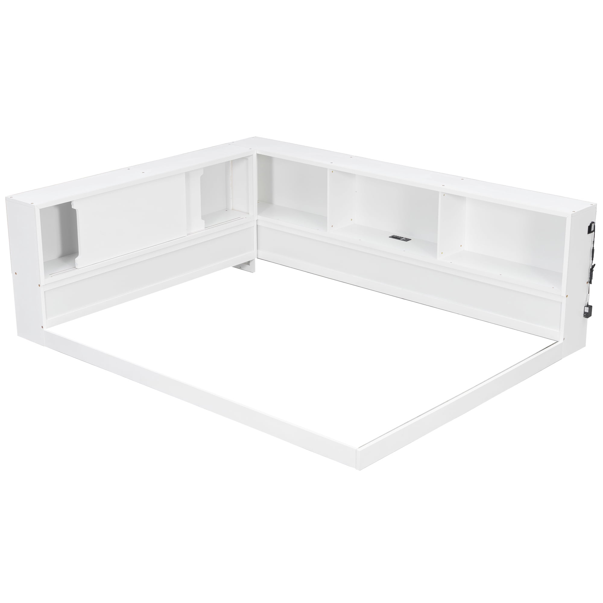 Euroco Wood Queen Size Daybed with Storage Shelves, USB Ports and LED Light, White