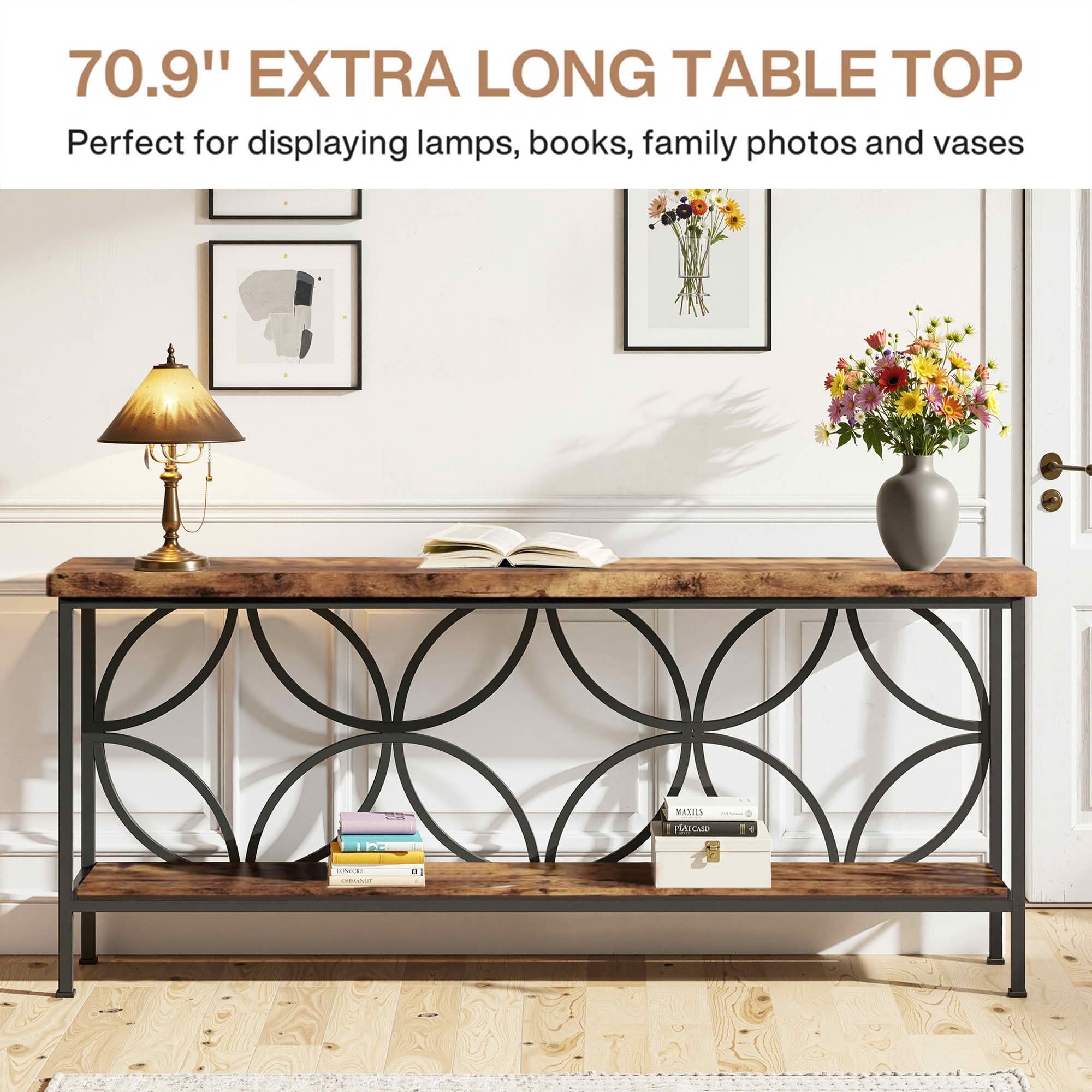MAYEERTY 70.9" 2-Tier Industrial Console Table, Rustic Wood Top Black Metal Frame Sofa Table with Adjustable Floor Pads