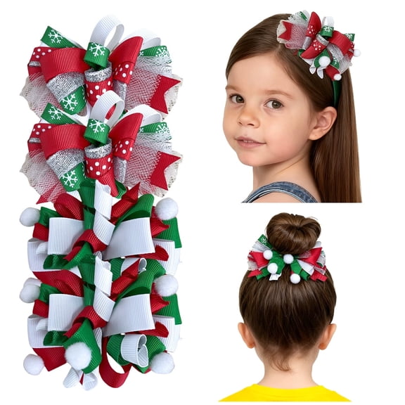 JoyBowie 4 Pcs 3.5inch Christmas Hair Bows for Girls 3-10 Years, Grosgrain Ribbon Clips for Holiday Parties & Family Photos
