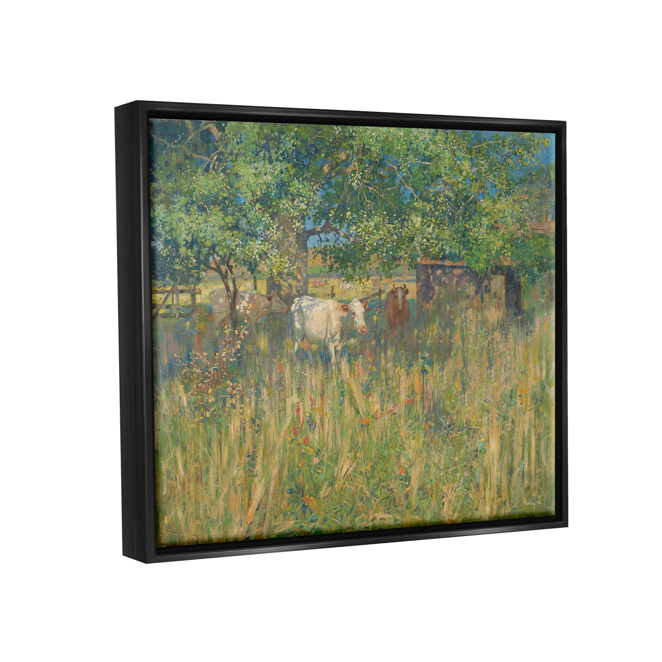 Cattle Grazing Grassland Pasture Landscape Painting Jet Black Framed Art Print Wall Art