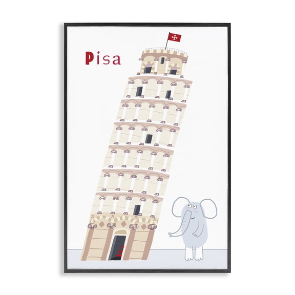 Elephant & Leaning Tower Pisa Black Framed Giclee Art, design by Carla Daly