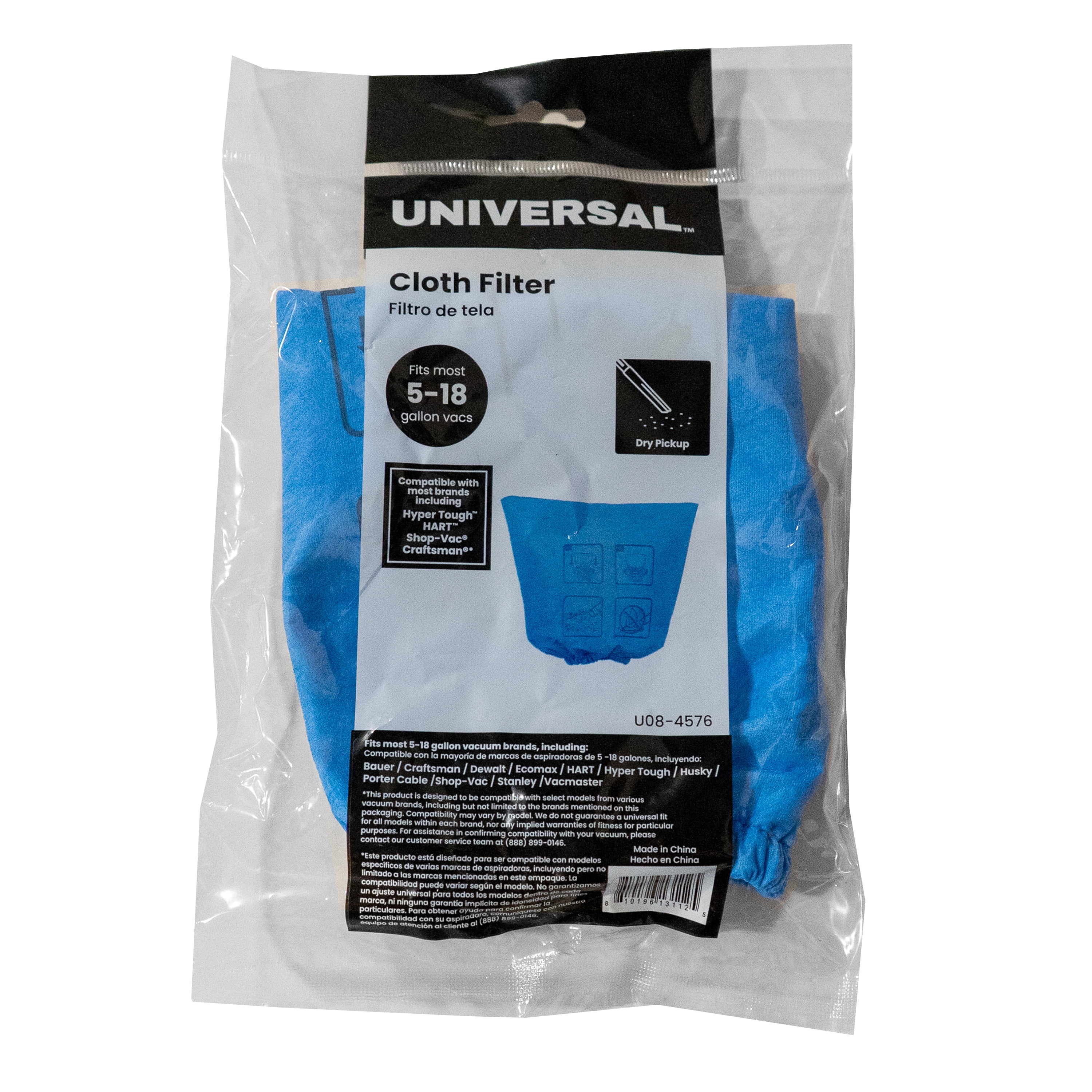 Universal Cloth Filter for Dry Pickup, 1-Pack, 5-18 Gallon Wet/Dry Vacuums