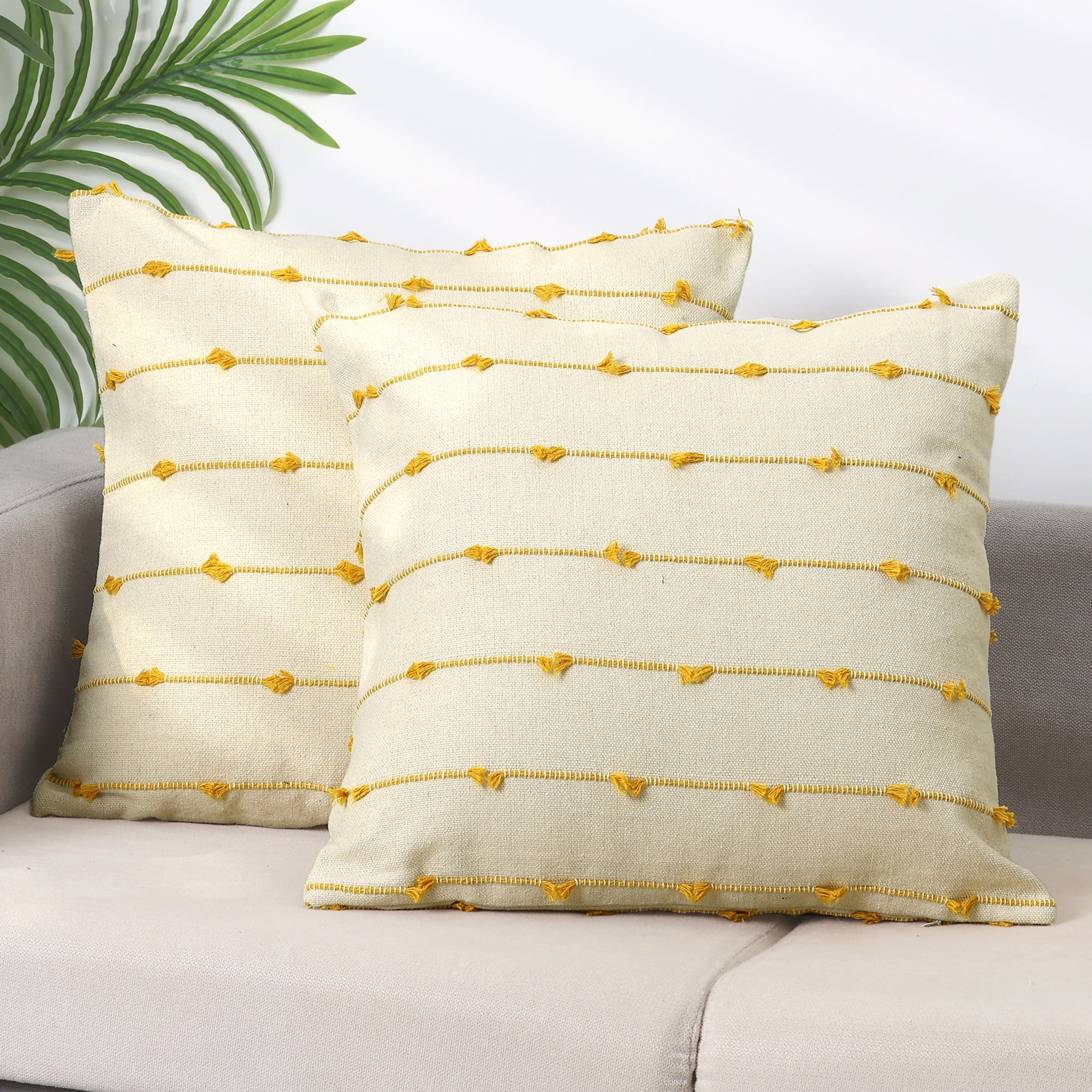 Unique Bargains 4 Pcs Striped Boho Pillow Covers Modern Square Neutral Decorative Cushion Yellow 16" x 16"