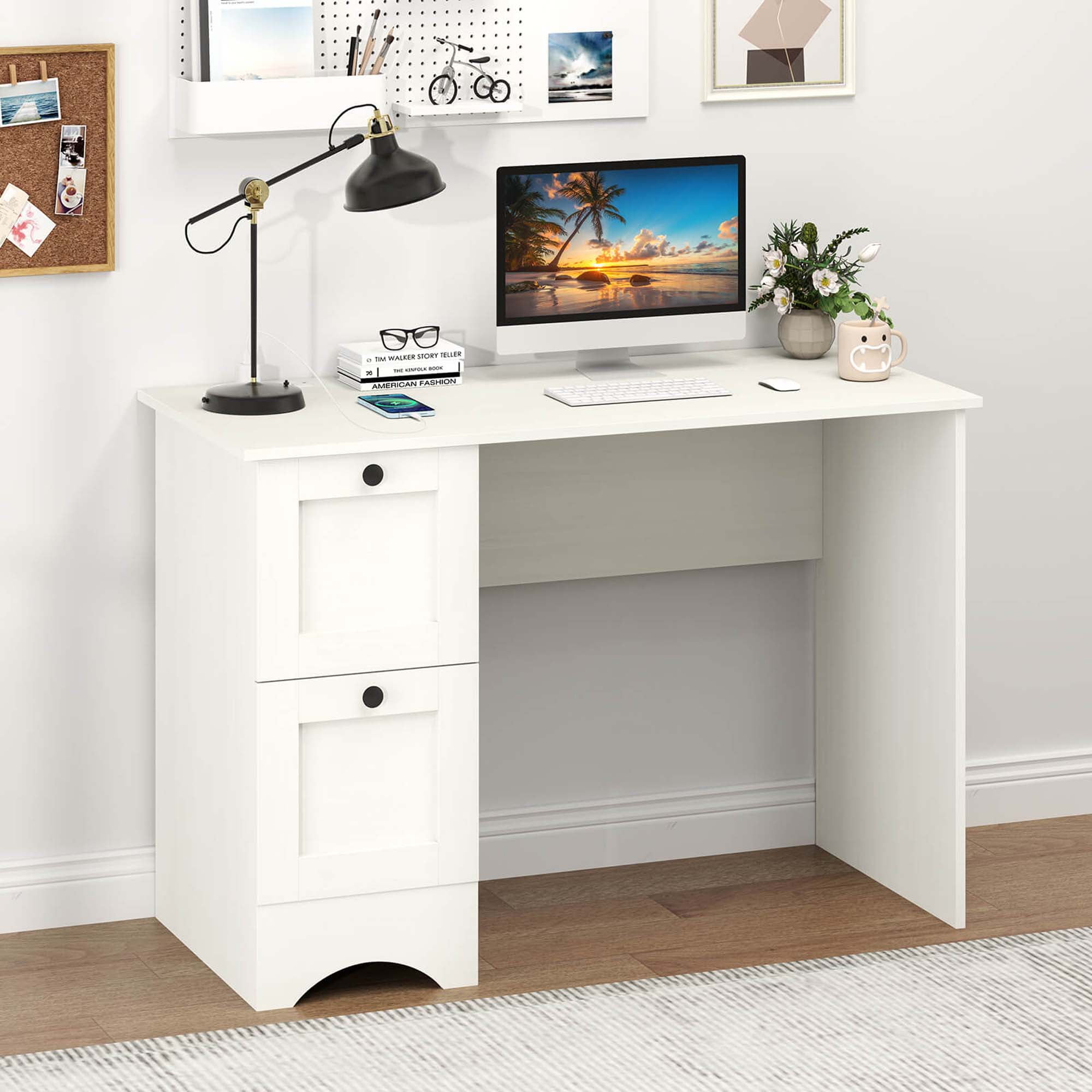 Costway 43" Home Office Desk Compact Study Writing Desk with 2 Drawers Charging Station