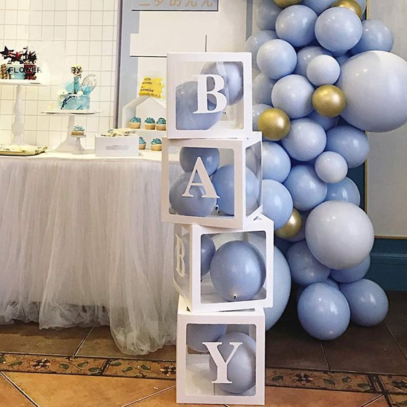 nipocaio 4 Pcs Baby Shower Boxes Party Decorations Transparent Balloons Boxeswith Letters, Individual Baby Blocks Design For Boys Girls Baby Shower Decoration