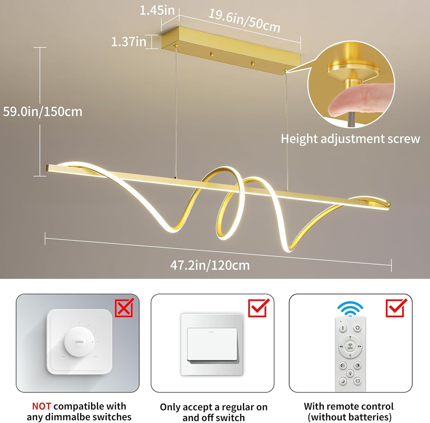 39inch Gold Chandelier Modern Ceiling Spiral Pendant Light Fixtures Hanging LED Color Temperature and Height Adjustable Chandeliers for Dining Room Living Room Bedroom Kitchen Island
