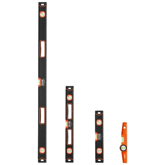 4-Piece Magnetic Torpedo Level Set (48/24/16/10 Inch) - Aluminum Alloy, Fluorescent Light-Up Bubble Vials, 45/90/180 Degree, SAE/Metric Scale - Box Leveler for Carpentry, Plumbing, DIY