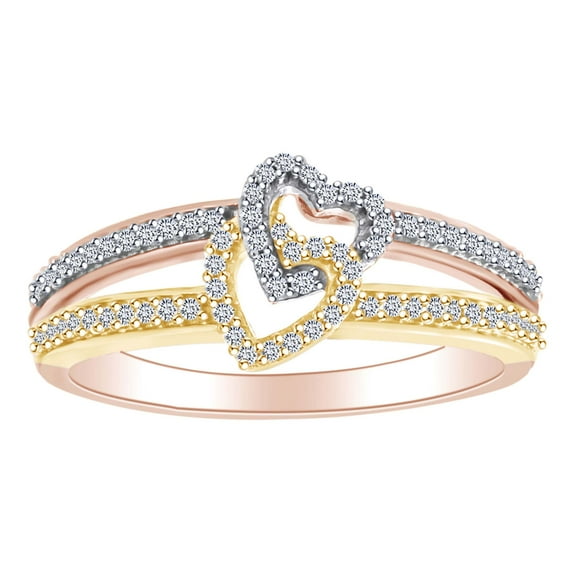 AFFY 1/5 Carat Round Cut White Natural Diamond Double Heart Ring In 10K Two Tone Gold (0.20 Cttw)-Ring Size-5