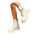 thumbnail image 3 of Gyexs Womens Leather Lace Up Platform Ankle Boots with Double Side Zipper Classic Round Toe Chunky Heel Mid Calf Booties White Size 5.5, 3 of 9
