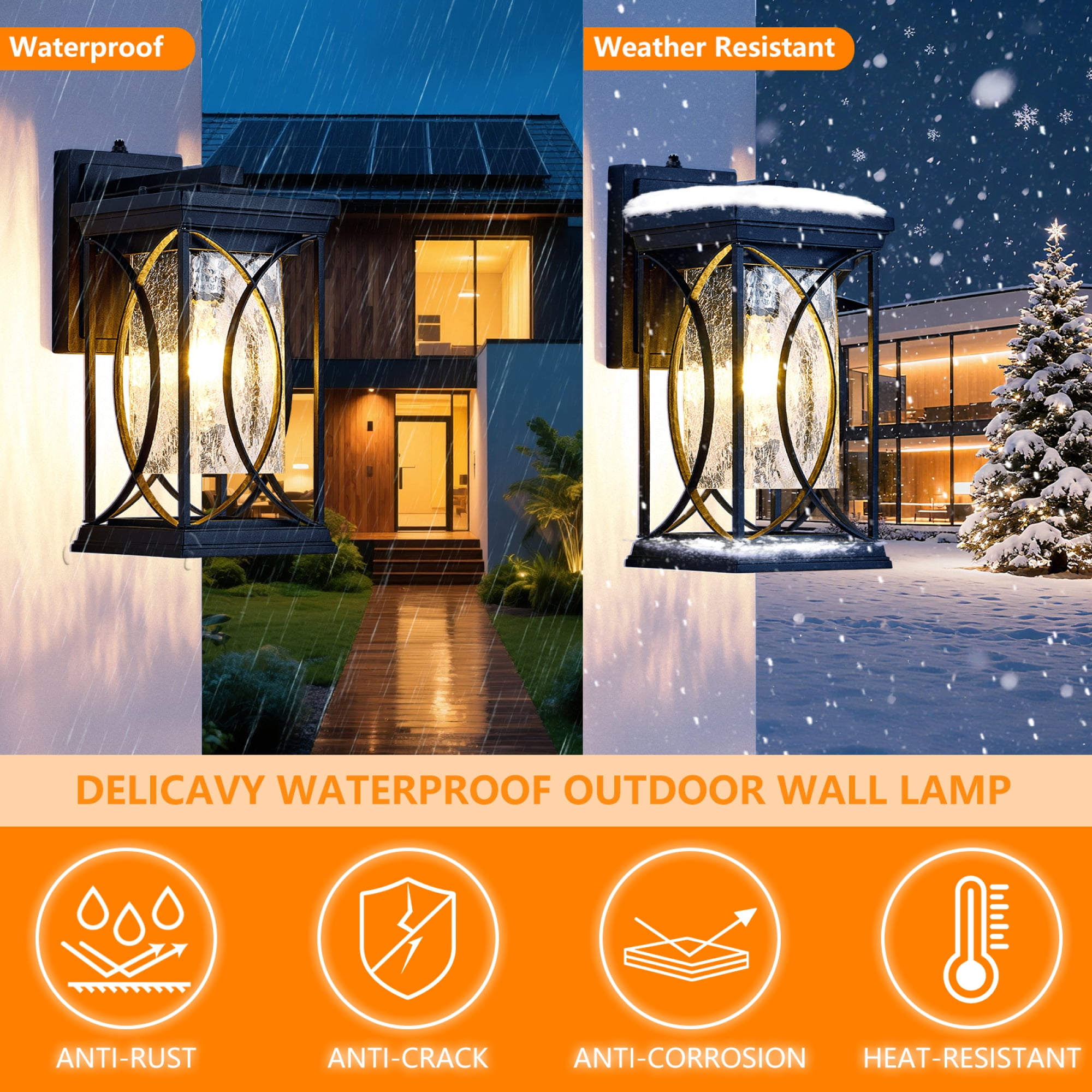 Leumius Dusk to Dawn Outdoor Wall Lantern Small Modern Exterior Light Fixture Aluminum with Crack-Like Glass Waterproof Outdoor Sconce Outside Light for House, Front Door