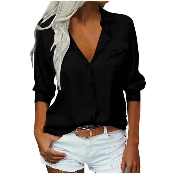 Women's Button Down Shirts Solid Color Long Sleeve Lapels Collared Blouse Business Casual Work Tops With Two Pocket (2XL, Black)