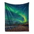 thumbnail image 1 of Night Ocean Soft Flannel Fleece Throw Blanket, Aurora Borealis Starry Night Landscape Norway, Cozy Plush for Indoor and Outdoor Use, 70" x 90", Shamrock Green Chocolate, by Ambesonne, 1 of 5