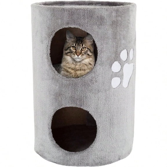 20.5-Inch Cat Condo - 2 Story Cat House with Sisal Scratch Pad Barrel Shaped Pet House Covered in Soft Fabric by Gray