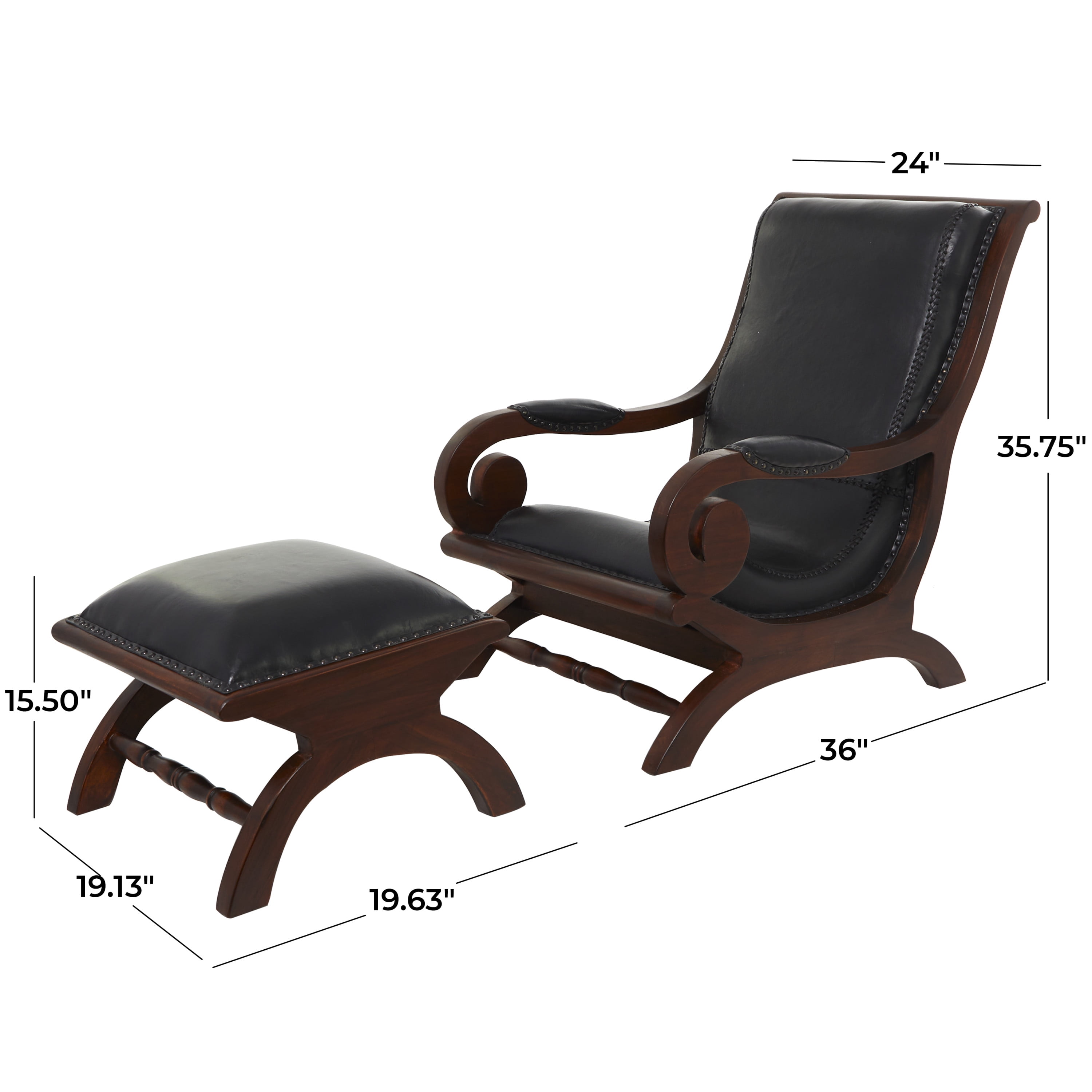 DecMode Teak Wood Upholstered Leather Chair Ottoman Set
