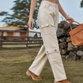 thumbnail image 3 of Flare Jeans Cargo Pants for Women High Waisted Stretchy Pull on Pants with Pockets Straight Wide Leg Pants Cuffed Jeans for Women S-43 Khaki L, 3 of 6