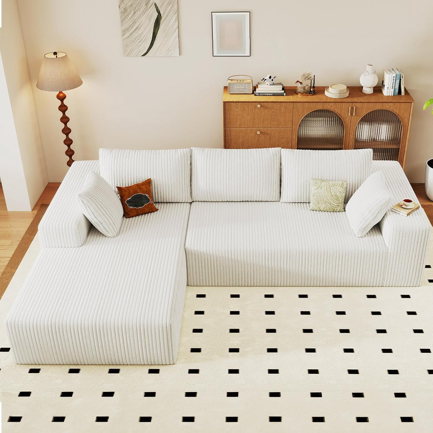 Cloud Couch Sectional, 96" L-Shaped Sofa, No Assembly Corduroy Couch with Chaise for Living Room,White