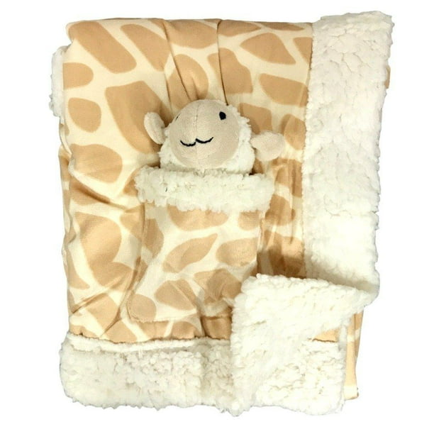 Plush Reversible Velour and Sherpa Baby Blanket with Stuffed Toy CREAM