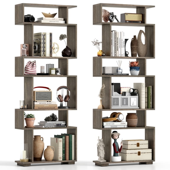 Gymax Set of 2 6-tier Storage Bookshelf w/Anti-toppling Kits Decorative Room Divider Walnut