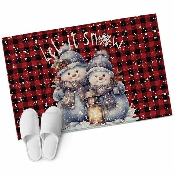 Christmas Snowman Bathroom Mat 2x3 FT, Non Slip Small Kitchen Mat, Winter Snowflake Red Black Plaid Washable Soft Backed Front Door Throw Rug Non-Shedding Indoor Outdoor Doormat for Entryway Sink